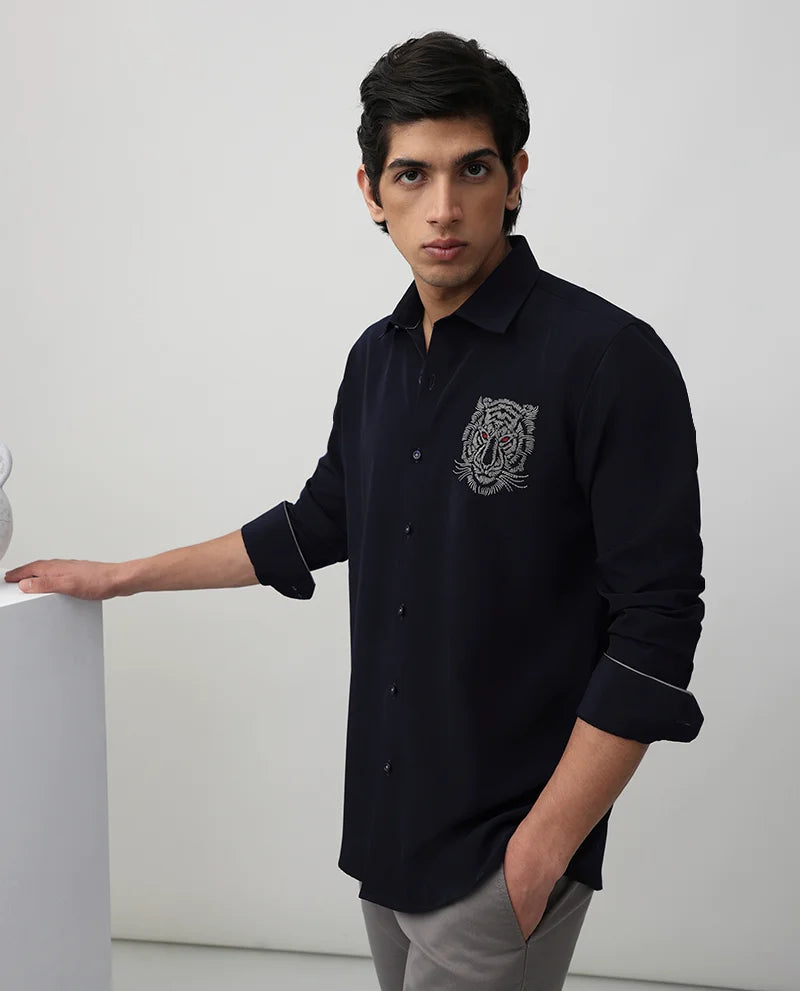 Buy Navy Embroidered Full Sleeve Rose Shirt
