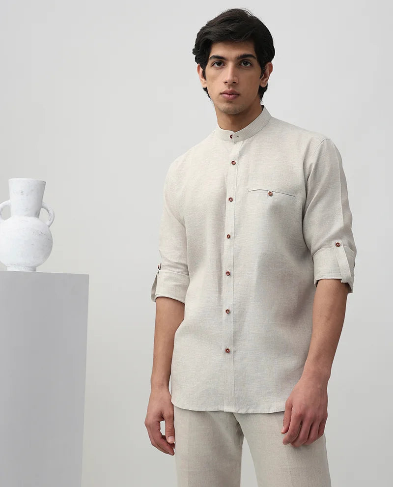 Natural Plain Linen Men's Premium Chinese Collar Branded Shirt