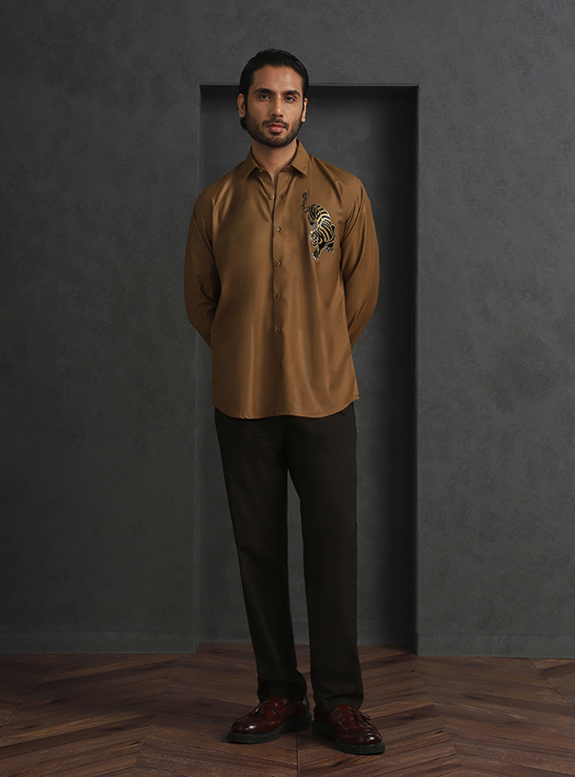 Light Brown Slim Fit Terry Rayon Shirt with Elegant Embroidery
