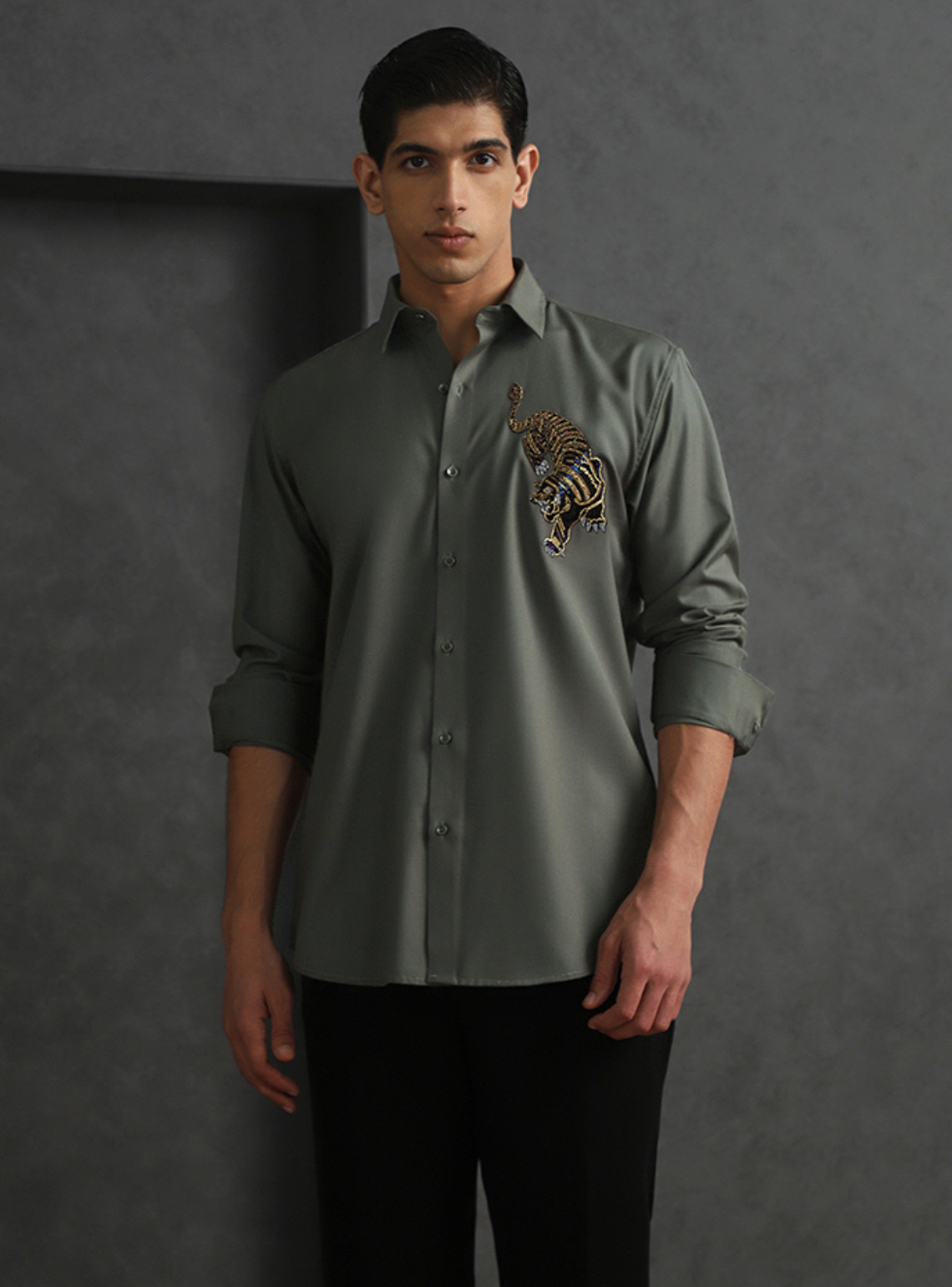 Olive Slim Fit Terry Rayon Shirt with Sophisticated Embroidery