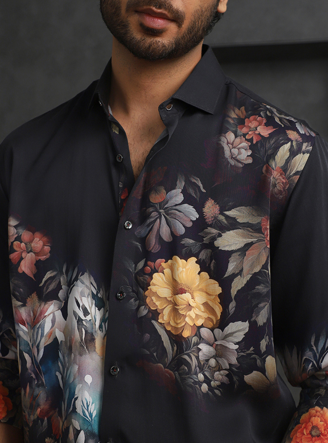 Multi Black Slim Fit Tencel Shirt with Artistic Print Design