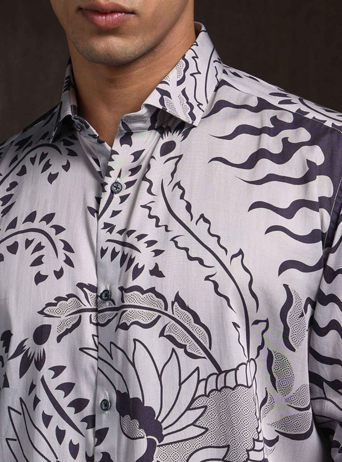 Grey Black Slim Fit Tencel Shirt with Striking Print
