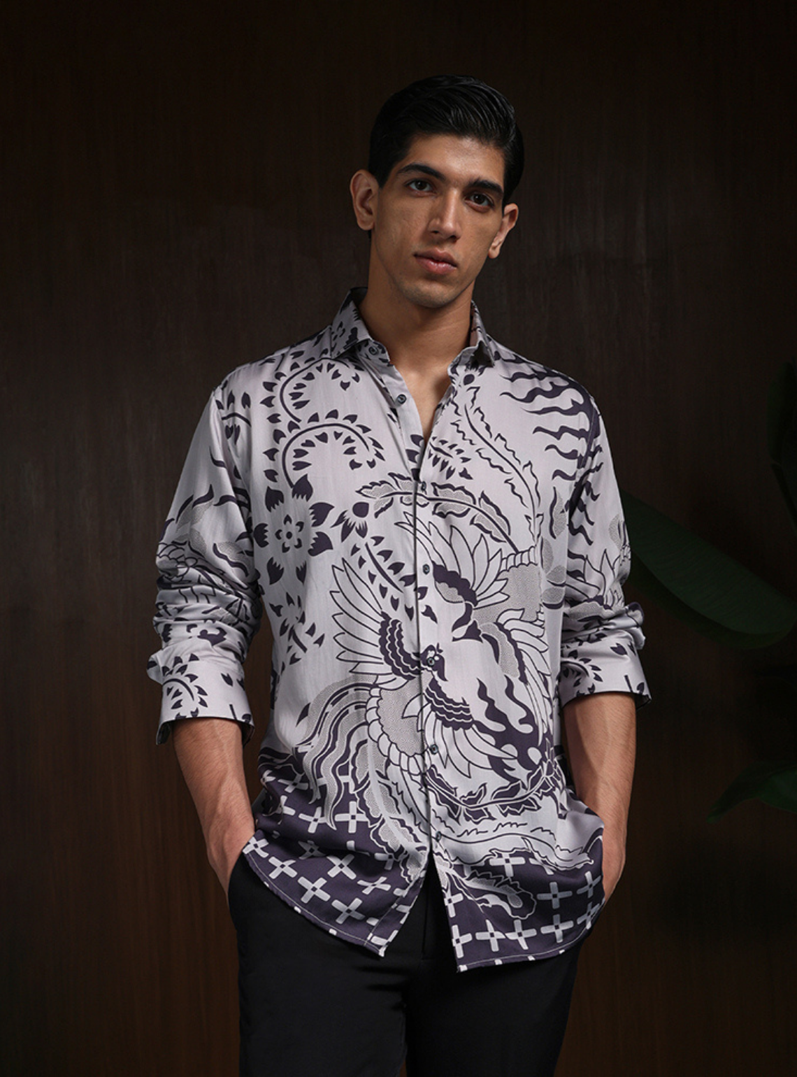 Grey Black Slim Fit Tencel Shirt with Striking Print