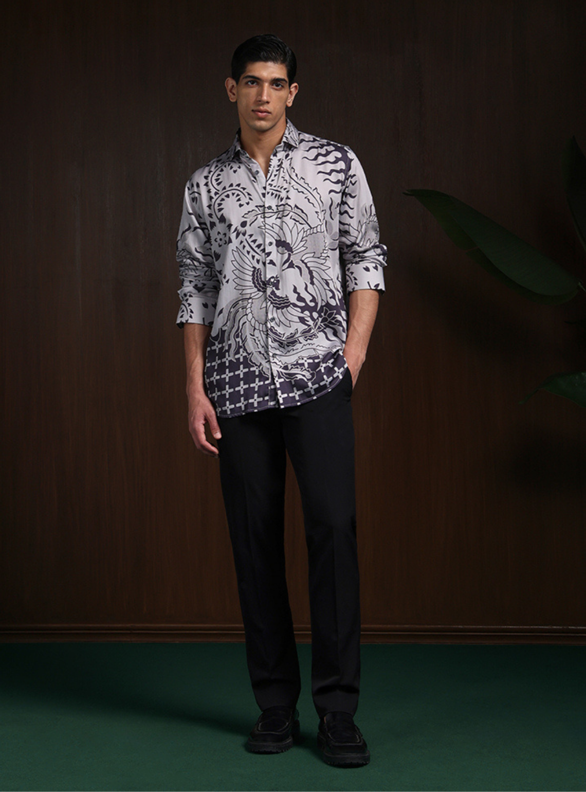 Grey Black Slim Fit Tencel Shirt with Striking Print