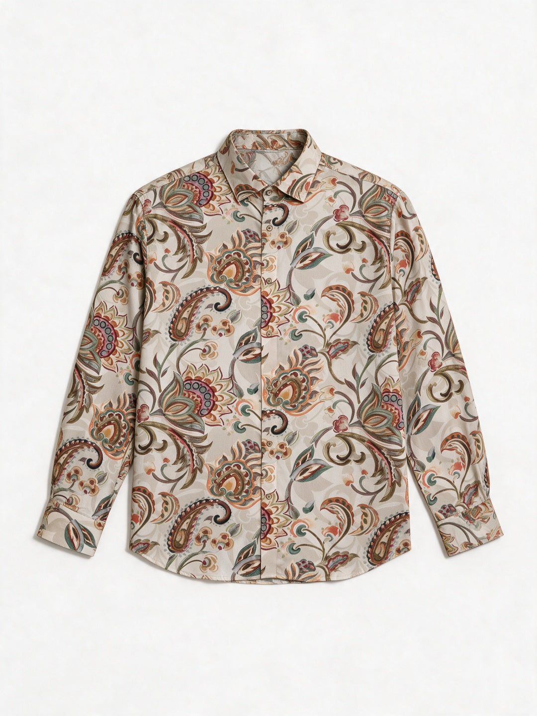 Beige Ornate Floral Paisley Printed Tencel Slim Fit Shirt