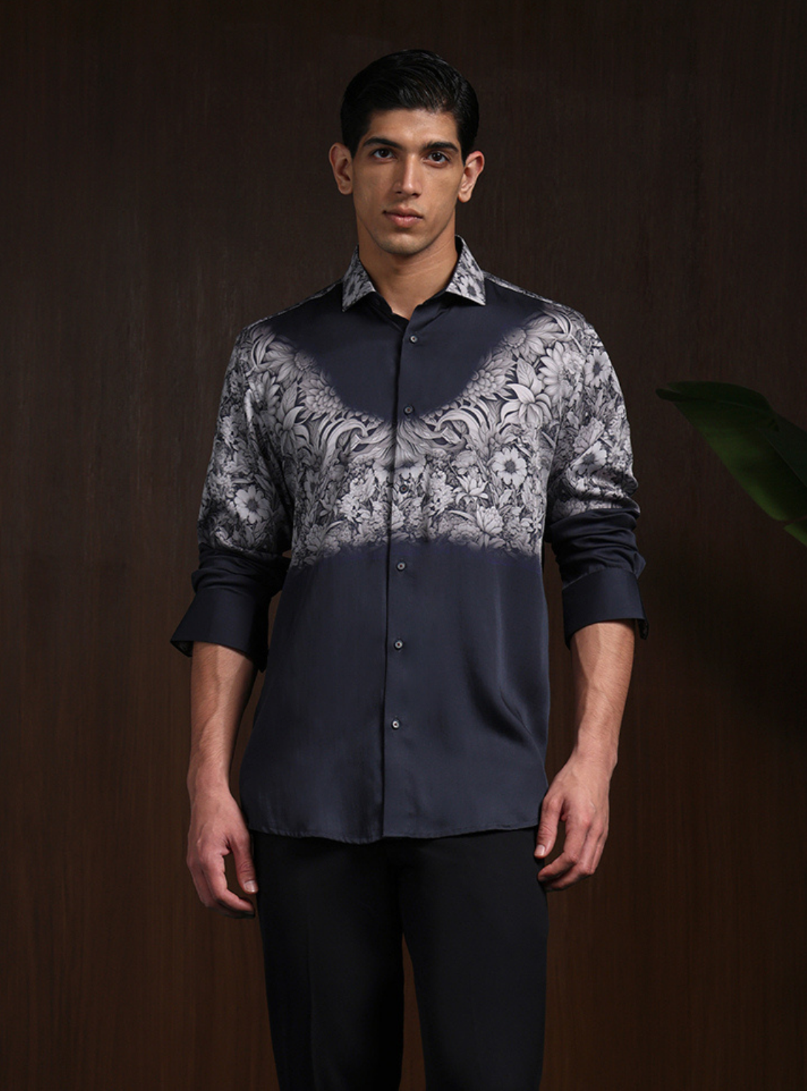 Black Grey Slim Fit Tencel Shirt with Contemporary Print