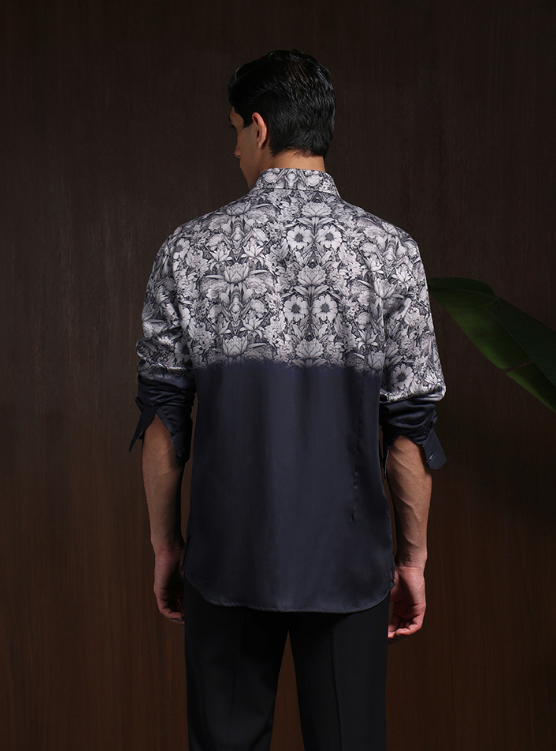 Black Grey Slim Fit Tencel Shirt with Contemporary Print