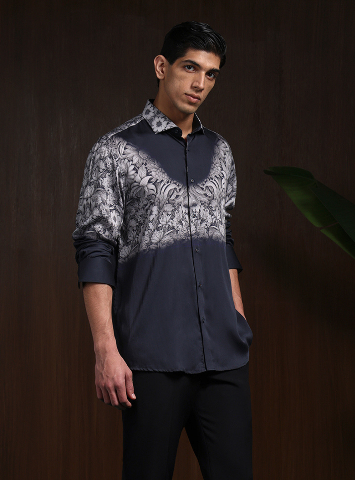 Black Grey Slim Fit Tencel Shirt with Contemporary Print