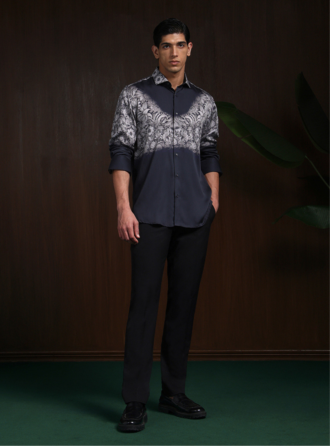 Black Grey Slim Fit Tencel Shirt with Contemporary Print