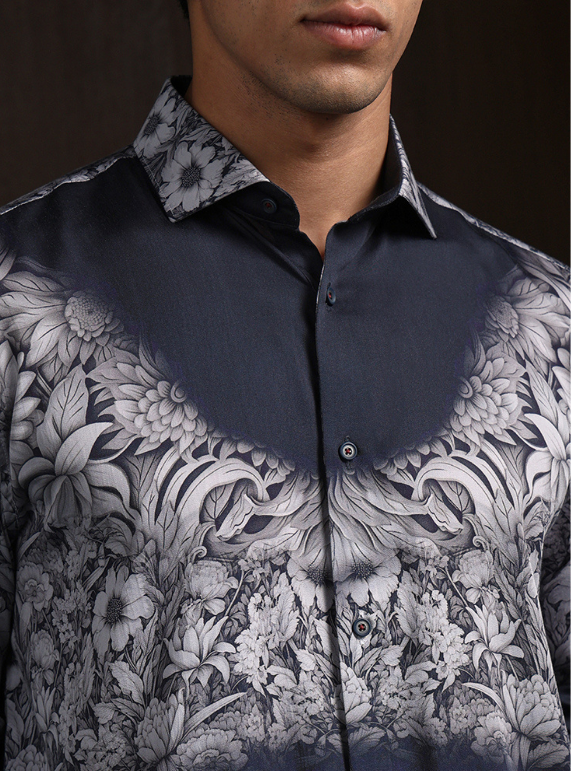 Black Grey Slim Fit Tencel Shirt with Contemporary Print