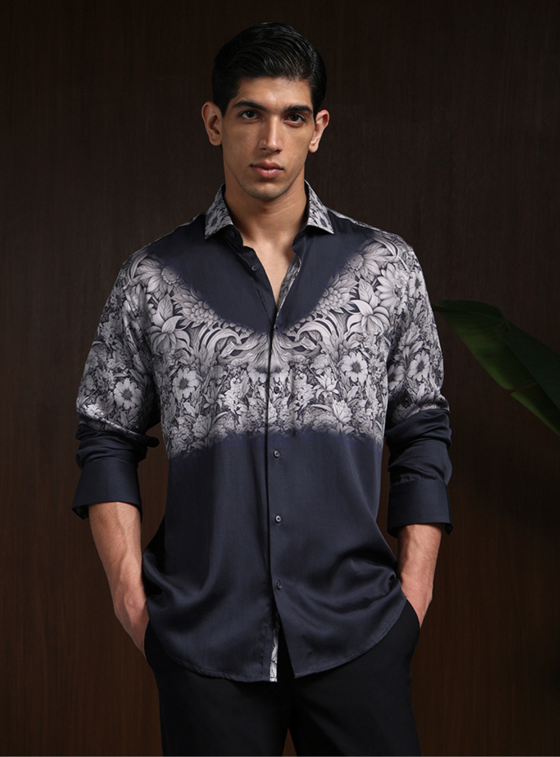 Black Grey Slim Fit Tencel Shirt with Contemporary Print