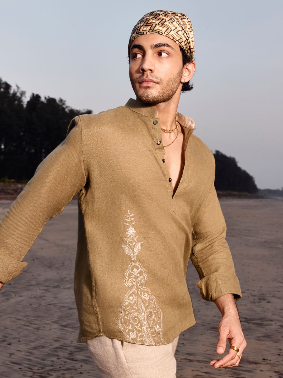 Olive Embroidered Linen Short Kurta