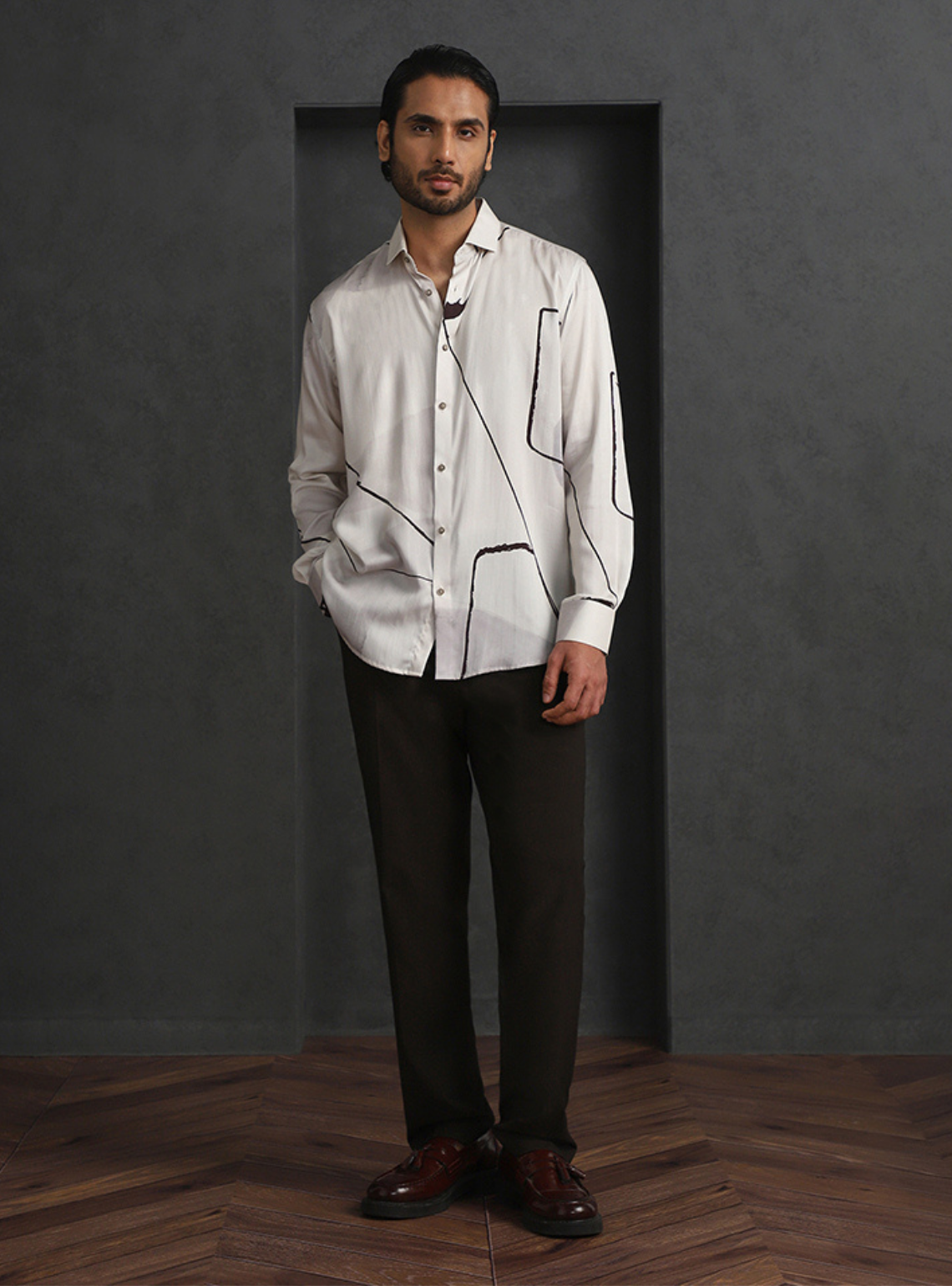 Cream Slim Fit Tencel Shirt with Subtle Print Accents