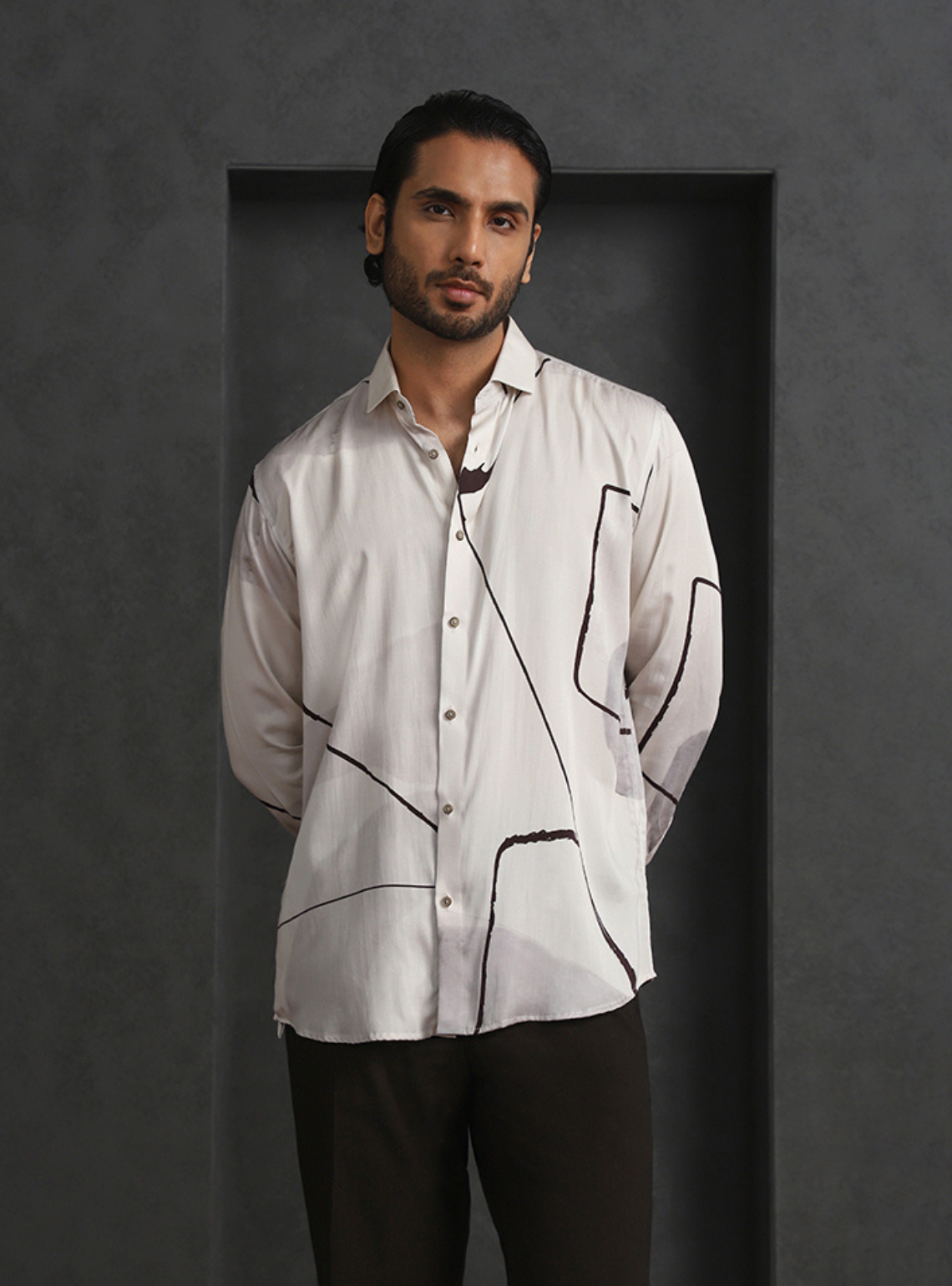 Cream Slim Fit Tencel Shirt with Subtle Print Accents