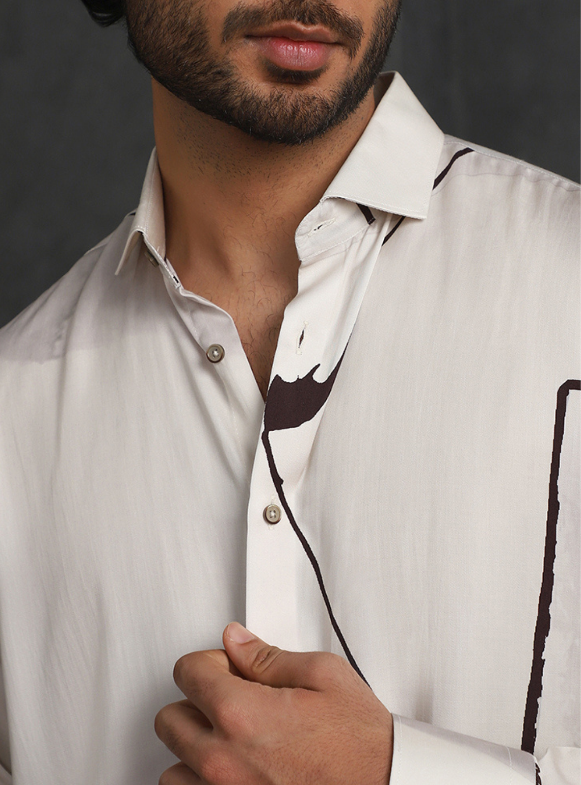 Cream Slim Fit Tencel Shirt with Subtle Print Accents