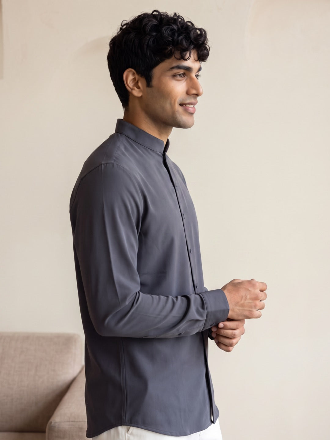 Dark Grey Japanese-Boomariyo Slim Fit Shirt with Chinese Collar, Plain/Embroidery