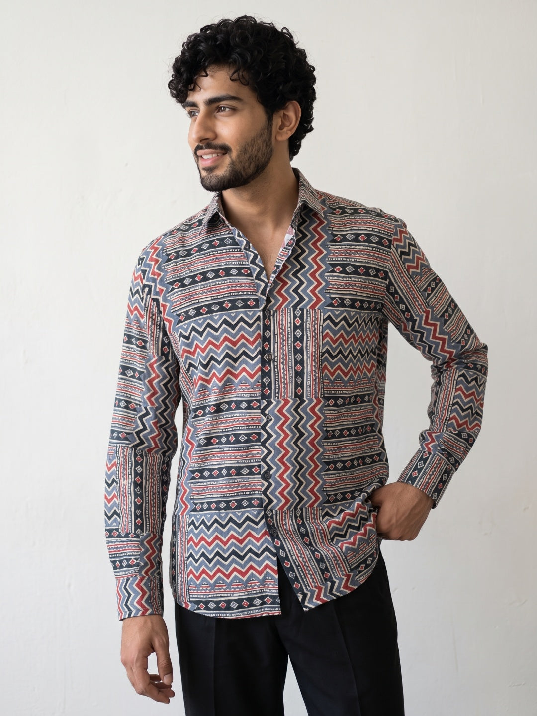 Multicolour Tencel Slim Fit Shirt with Tribal Zigzag Print