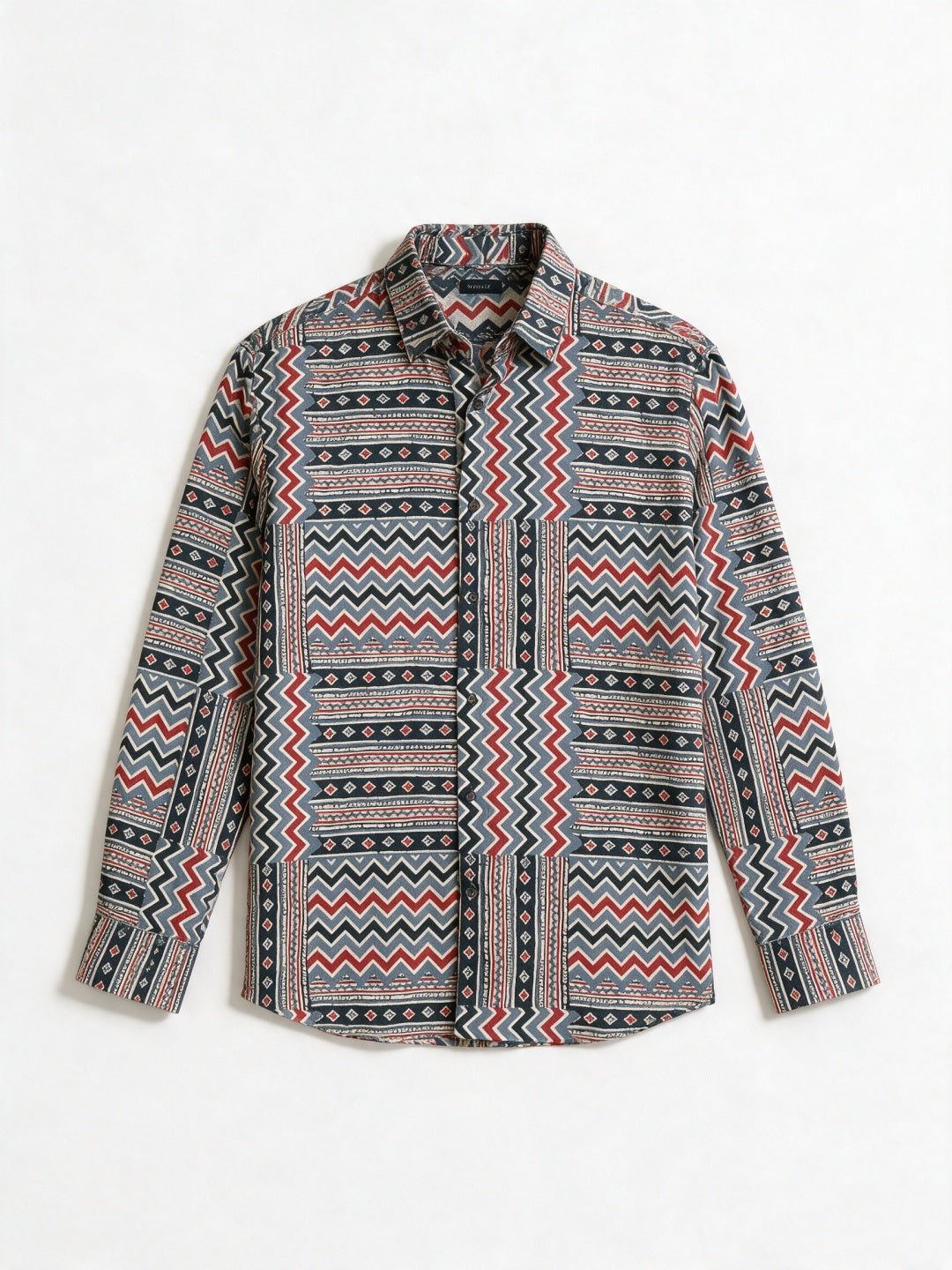 Multicolour Tencel Slim Fit Shirt with Tribal Zigzag Print