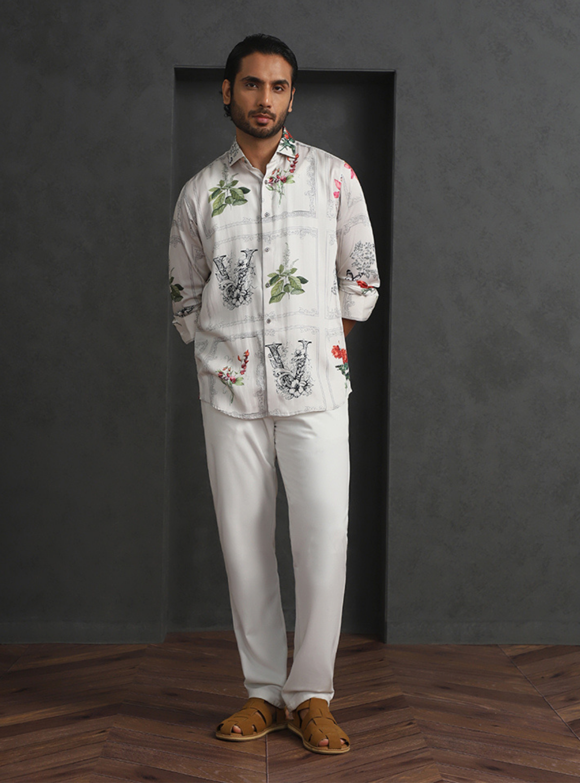 Cream Slim Fit Tencel Shirt with Refined Print Detailing