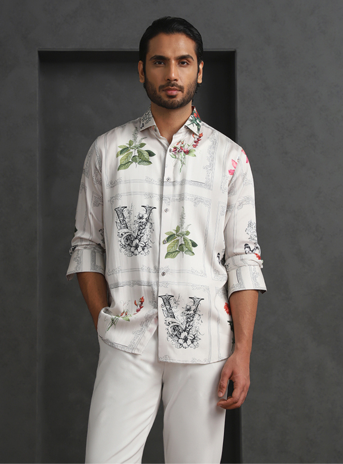 Cream Slim Fit Tencel Shirt with Refined Print Detailing