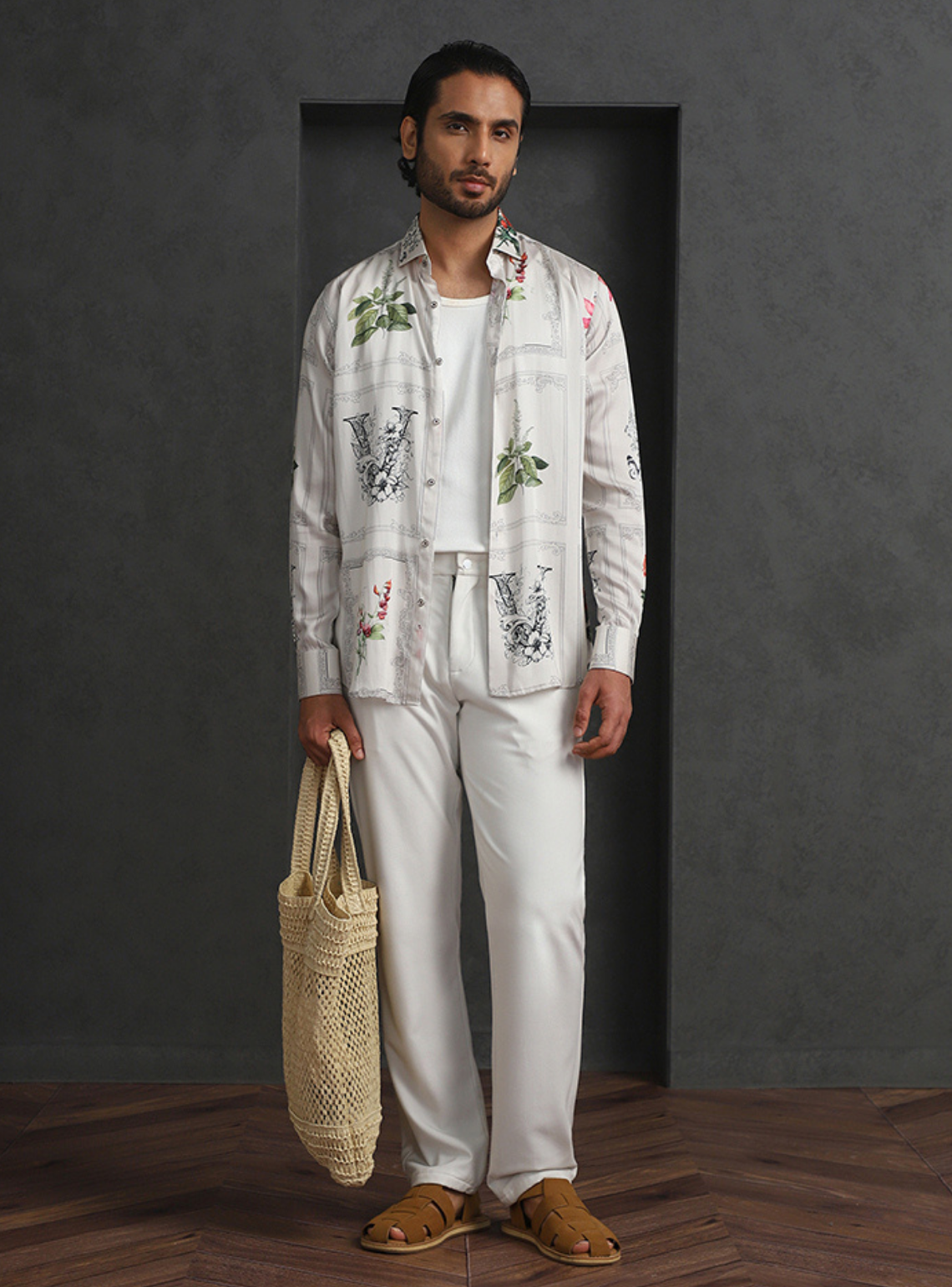 Cream Slim Fit Tencel Shirt with Refined Print Detailing