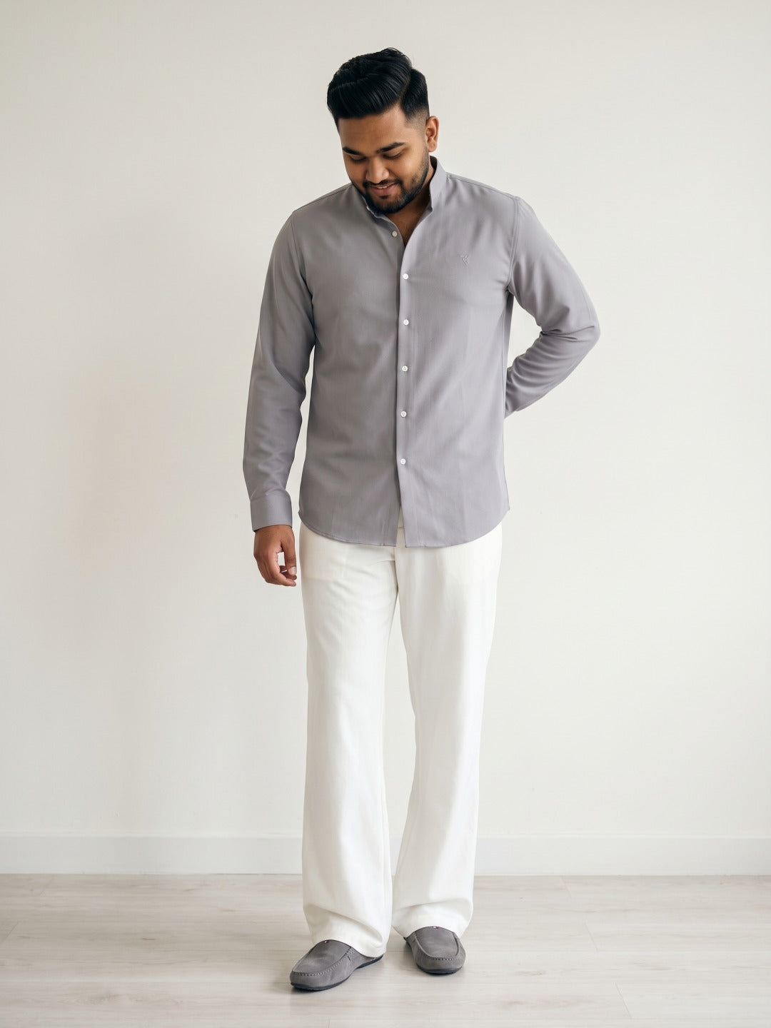 Light Grey Japanese-Boomariyo Slim Fit Shirt with Chinese Collar, Plain/Embroidery