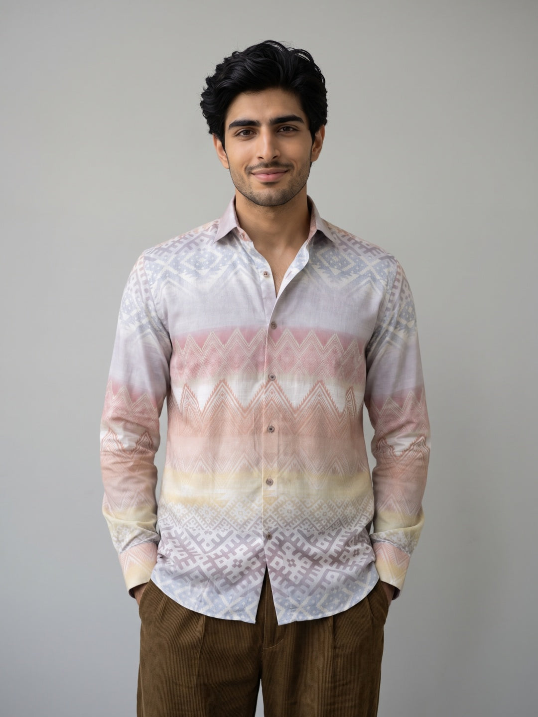Multicolour Tencel Slim Fit Shirt with Ombre Geometric Print