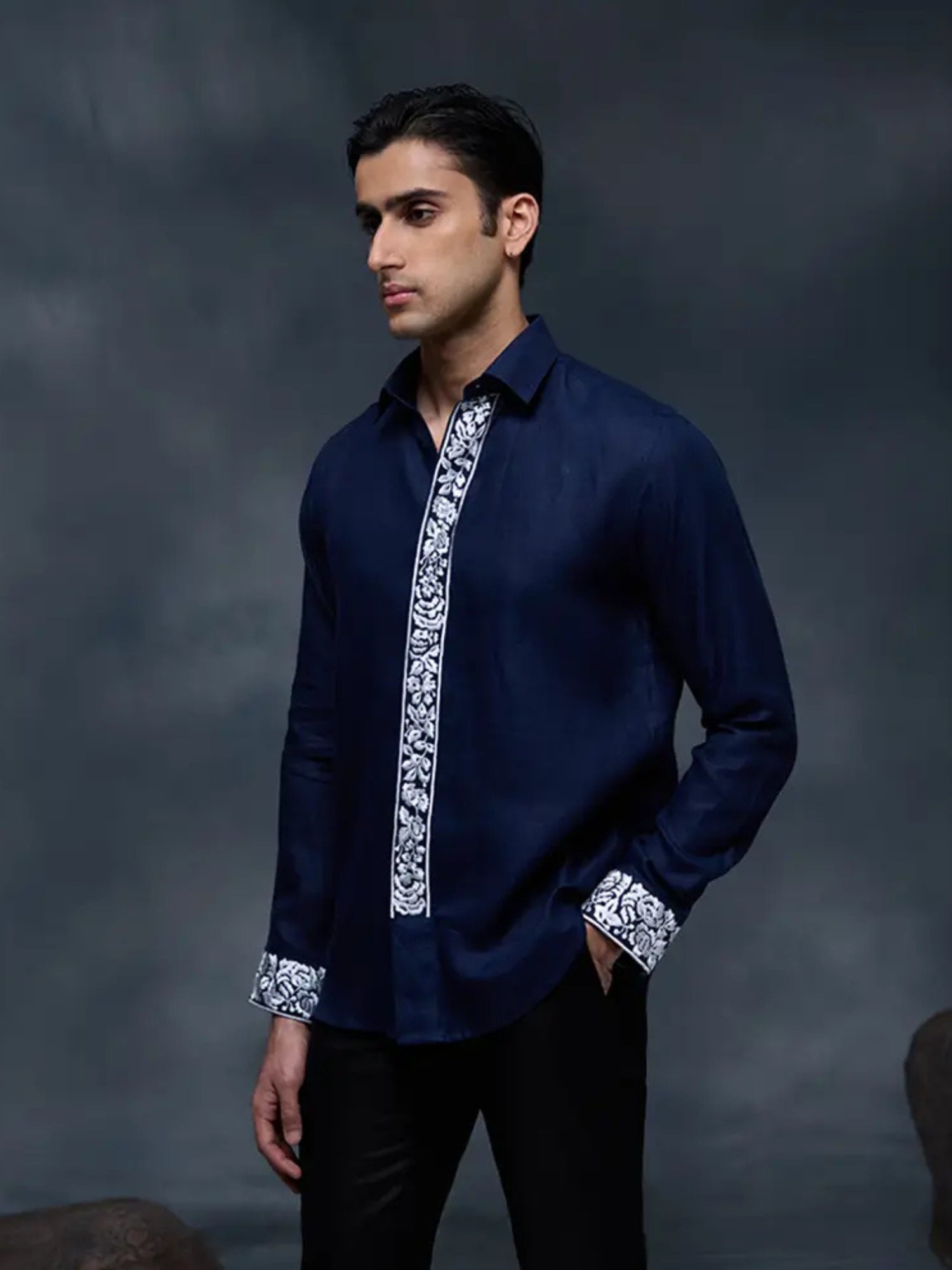 Navy Blue Placard and Sleeve Embroidered Linen Slim Fit Shirt