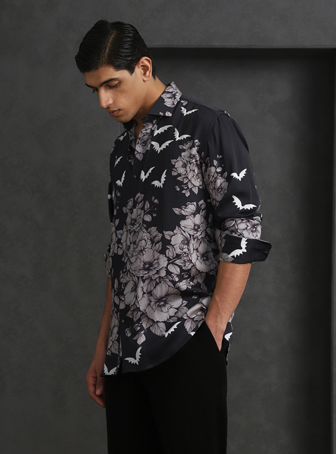 Sleek Black Slim Fit Tencel Shirt with Modern Print