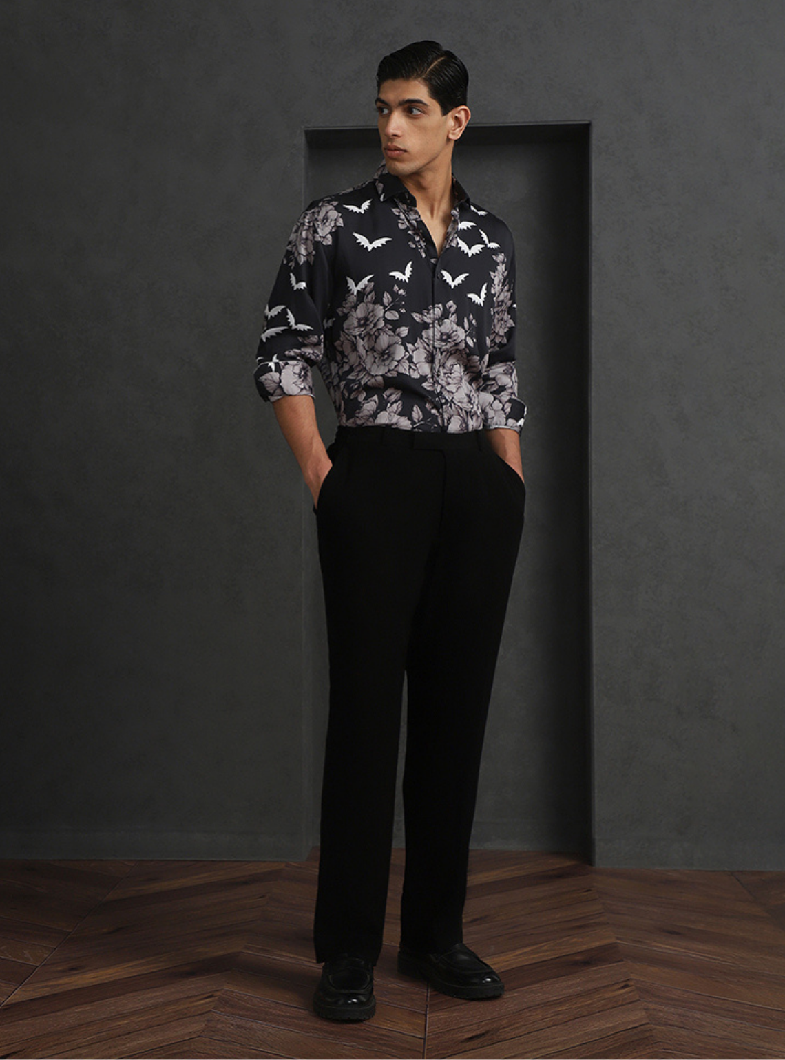 Sleek Black Slim Fit Tencel Shirt with Modern Print