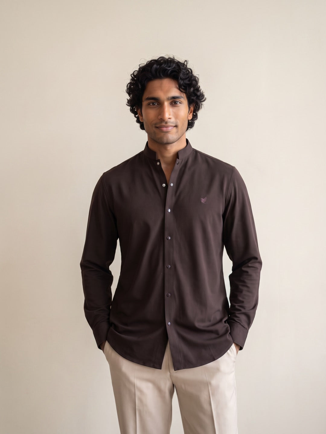 Coffee Japanese-Boomariyo Slim Fit Shirt with Chinese Collar, Plain/Embroidery