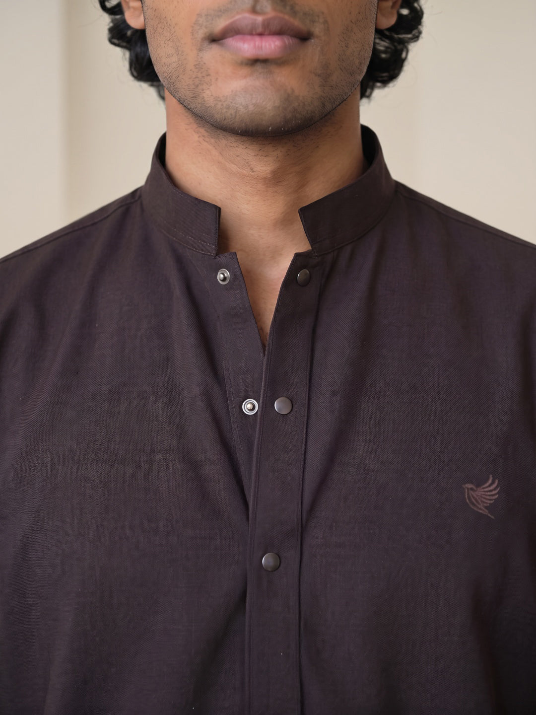 Coffee Japanese-Boomariyo Slim Fit Shirt with Chinese Collar, Plain/Embroidery