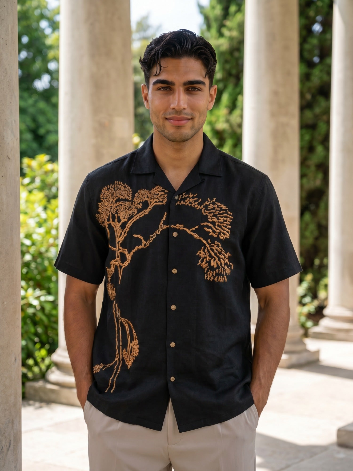 Black Embroidered Linen Cuban Shirt For Men