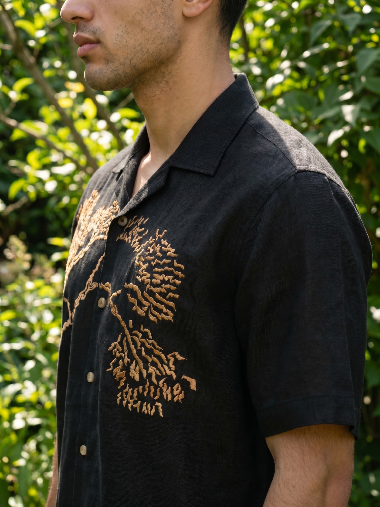 Black Embroidered Linen Cuban Shirt For Men