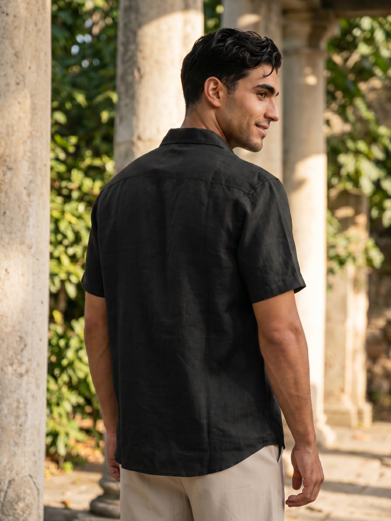 Black Embroidered Linen Cuban Shirt For Men