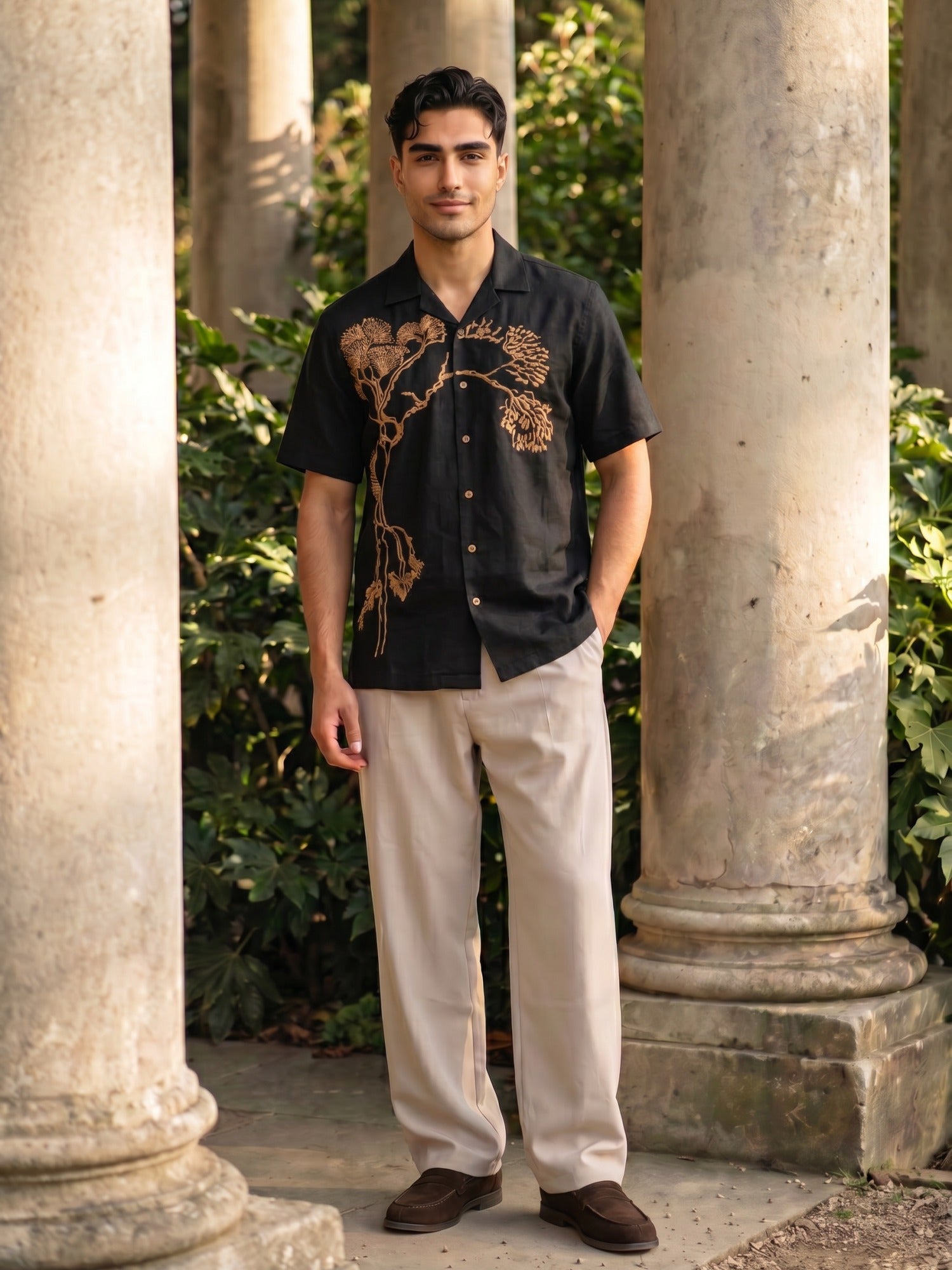 Black Embroidered Linen Cuban Shirt For Men