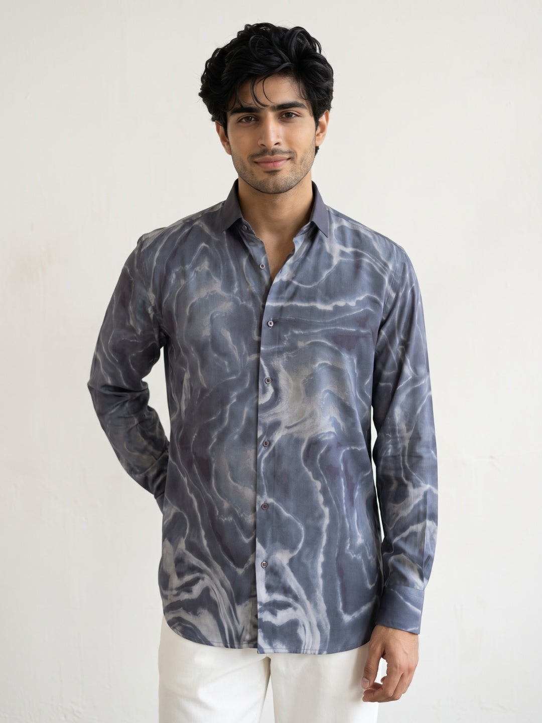 Dark Grey Tencel Slim Fit Shirt with Marbled Print