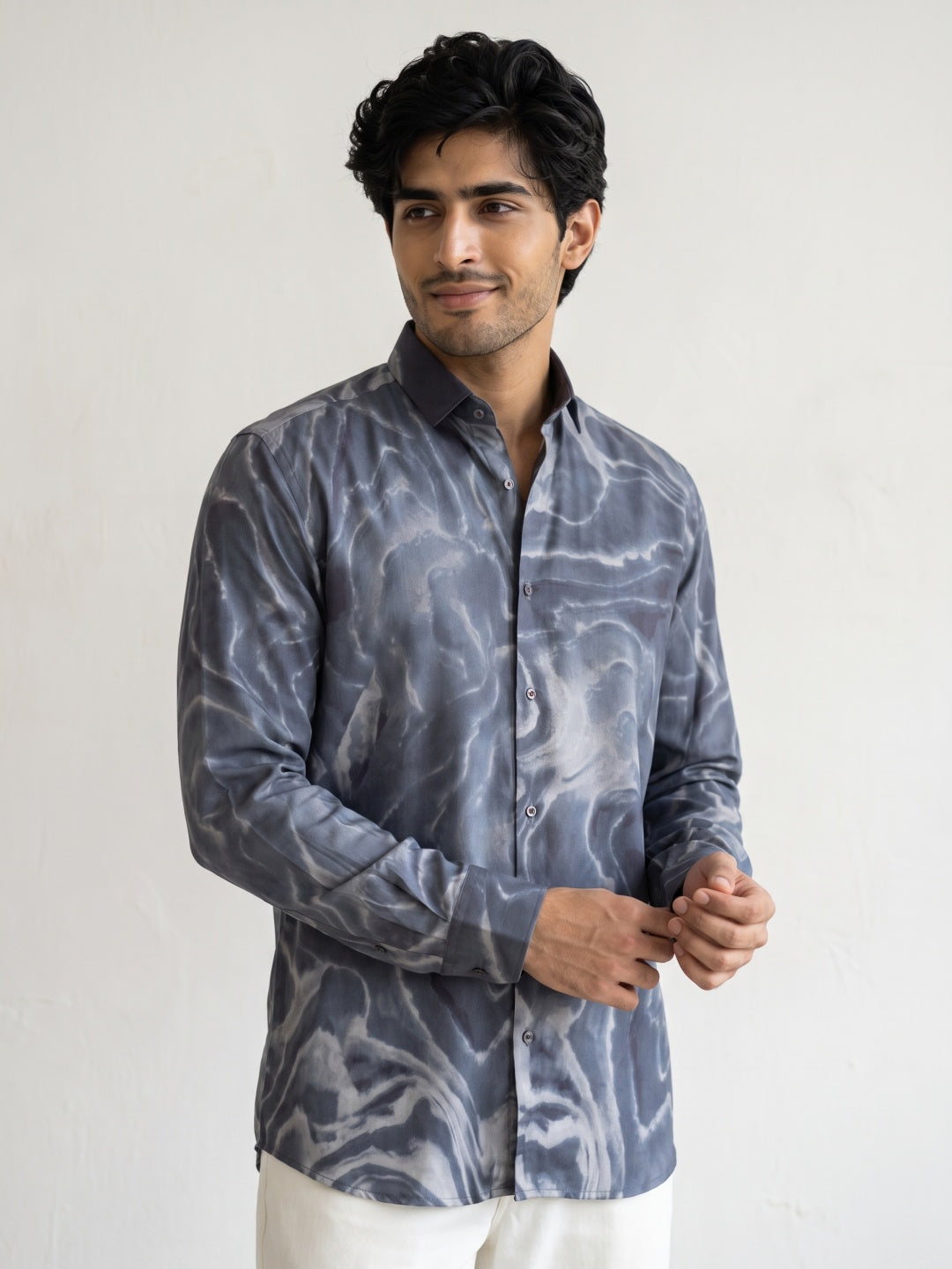 Dark Grey Tencel Slim Fit Shirt with Marbled Print