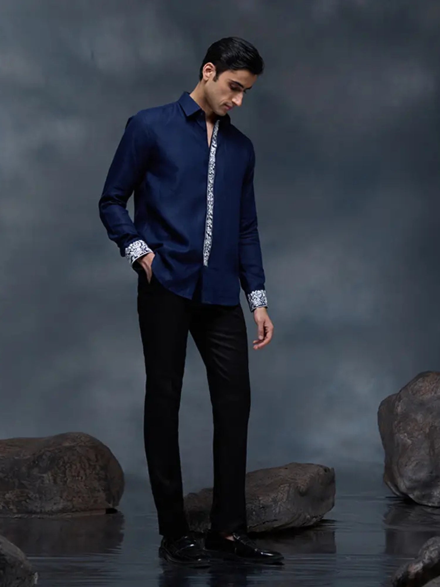 Navy Blue Placard and Sleeve Embroidered Linen Slim Fit Shirt