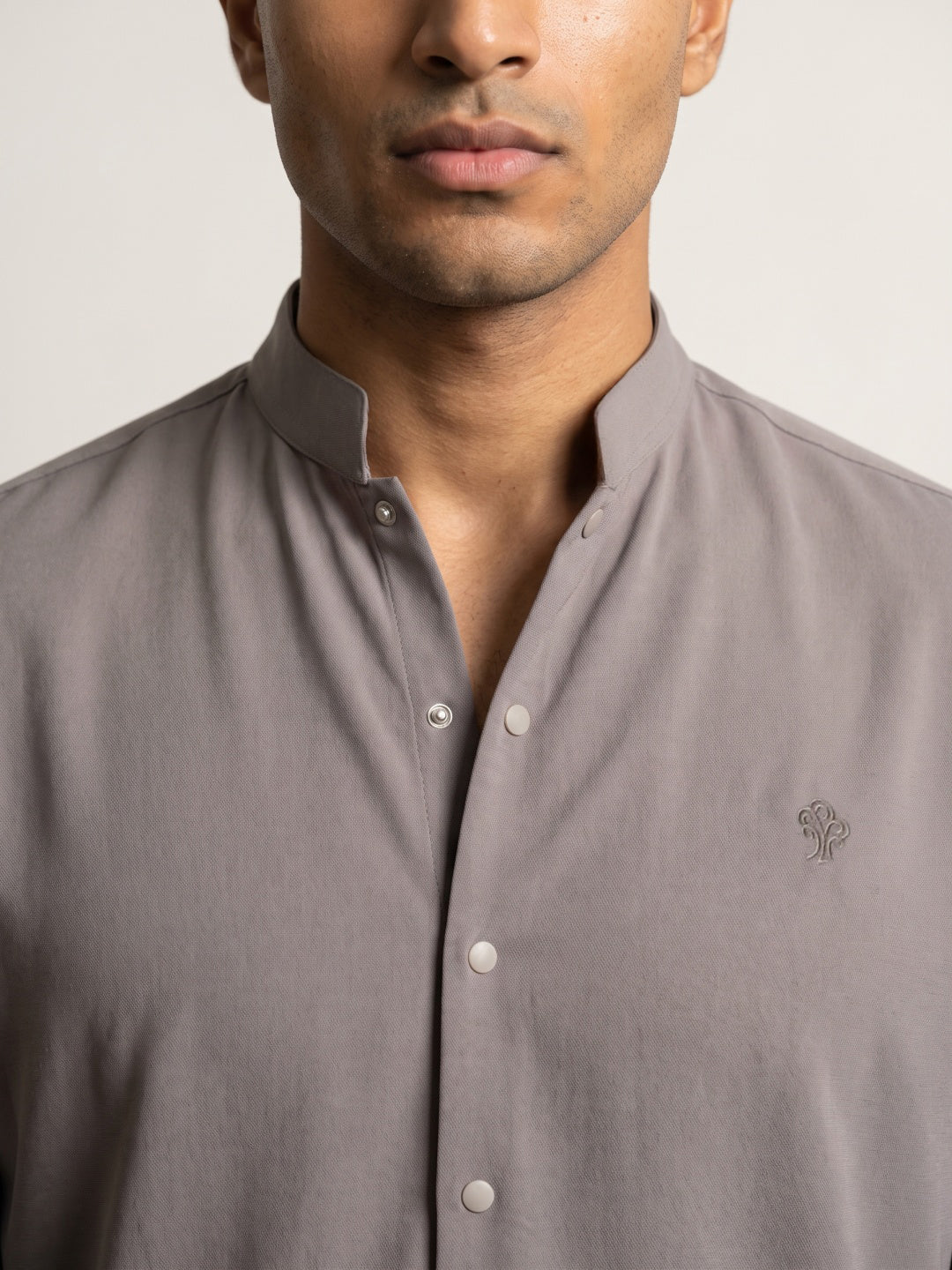 Earth Tone Japanese-Boomariyo Slim Fit Shirt with Chinese Collar, Plain/Embroidery