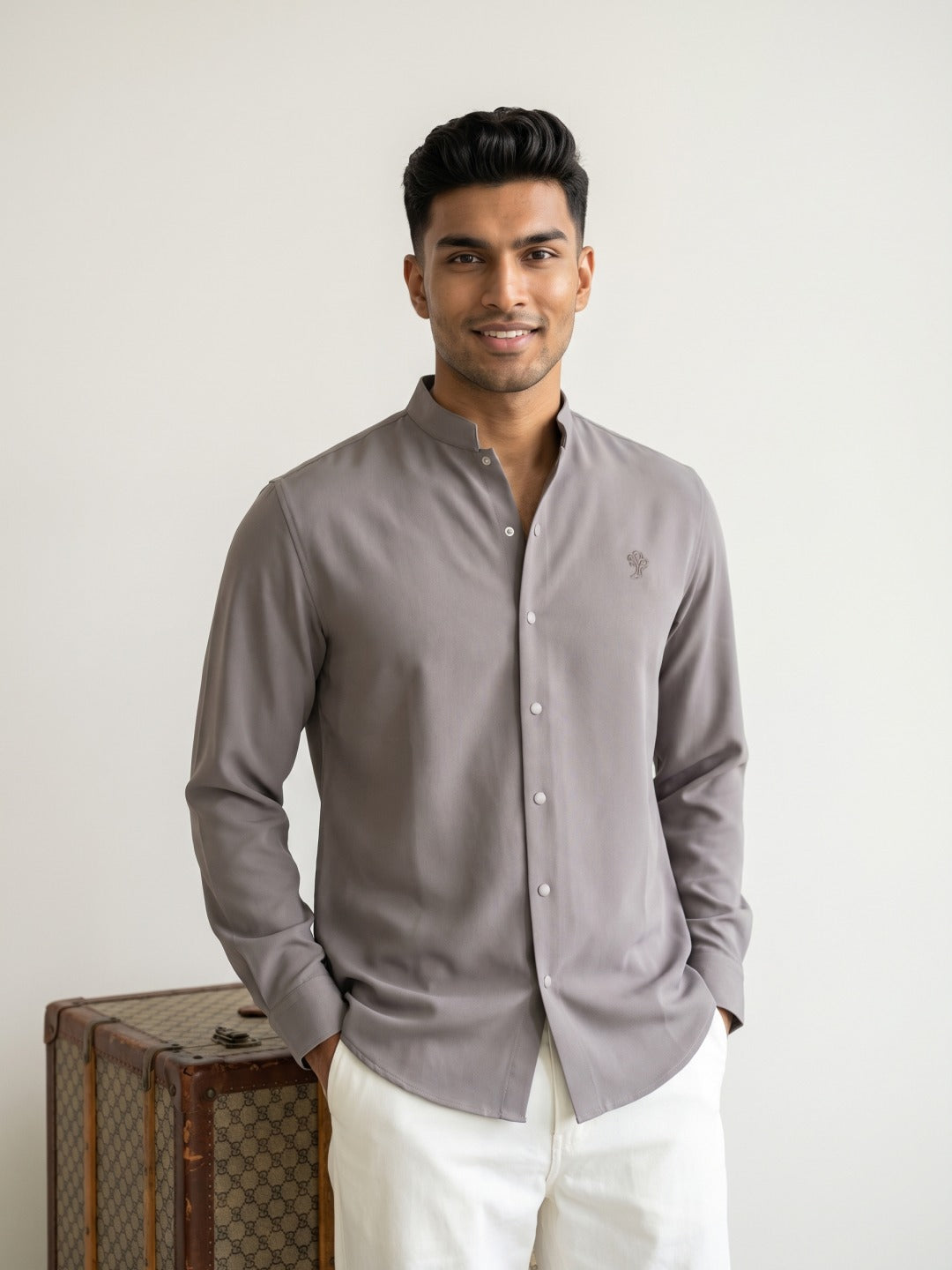 Earth Tone Japanese-Boomariyo Slim Fit Shirt with Chinese Collar, Plain/Embroidery