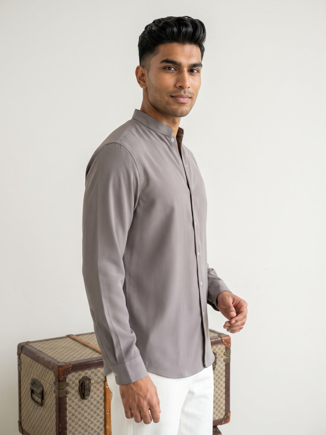 Earth Tone Japanese-Boomariyo Slim Fit Shirt with Chinese Collar, Plain/Embroidery