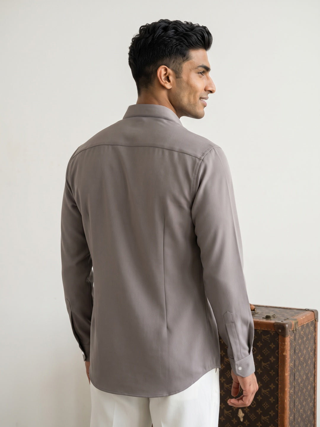 Earth Tone Japanese-Boomariyo Slim Fit Shirt with Chinese Collar, Plain/Embroidery