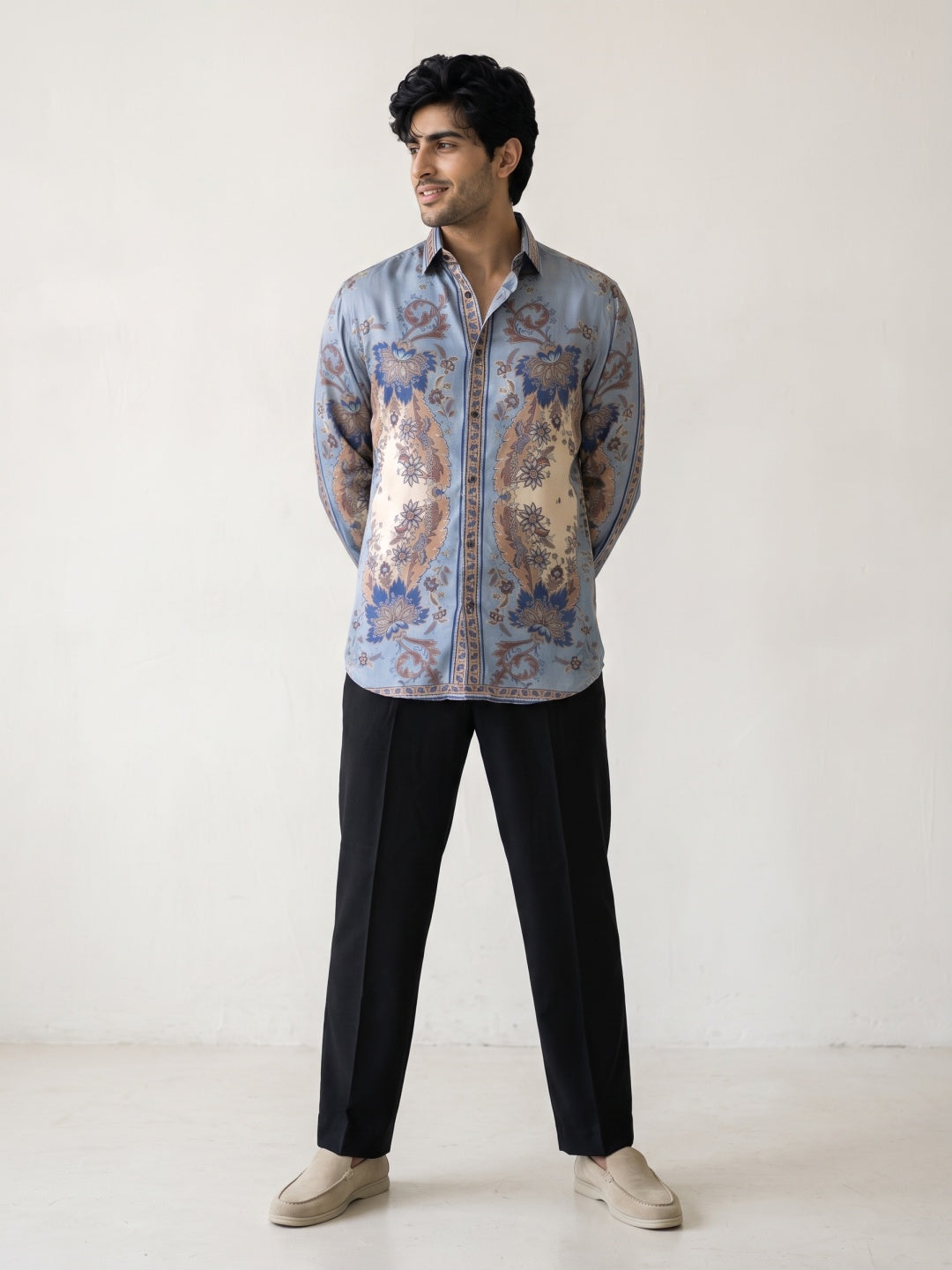Grey Tencel Slim Fit Shirt with Paisley Placket Print