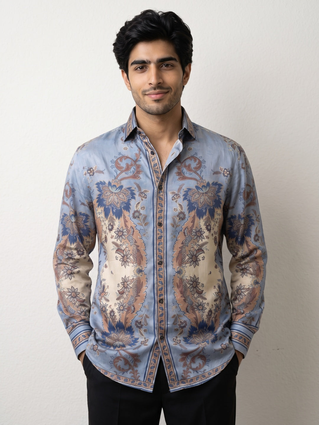 Grey Tencel Slim Fit Shirt with Paisley Placket Print