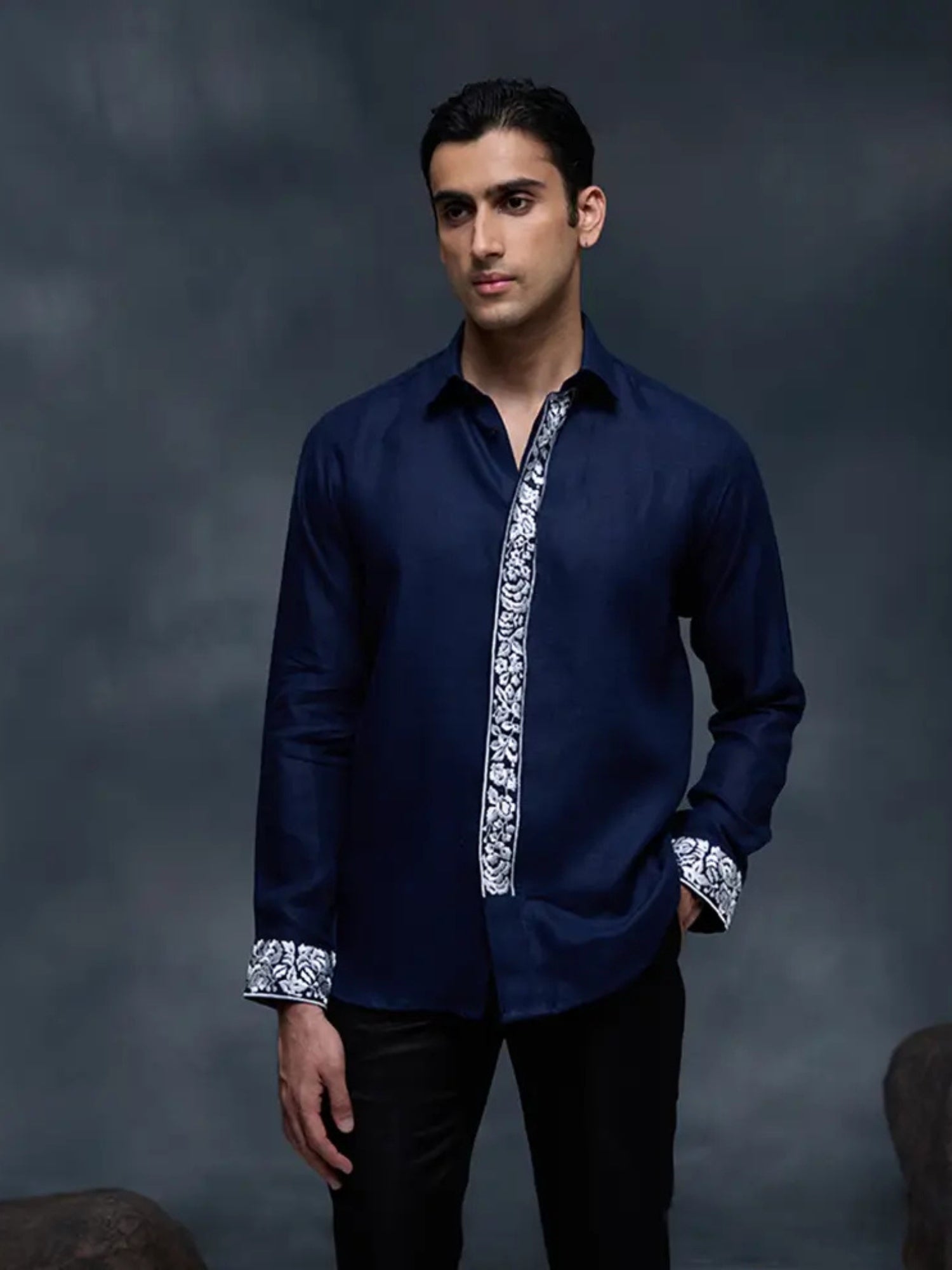Navy Blue Placard and Sleeve Embroidered Linen Slim Fit Shirt