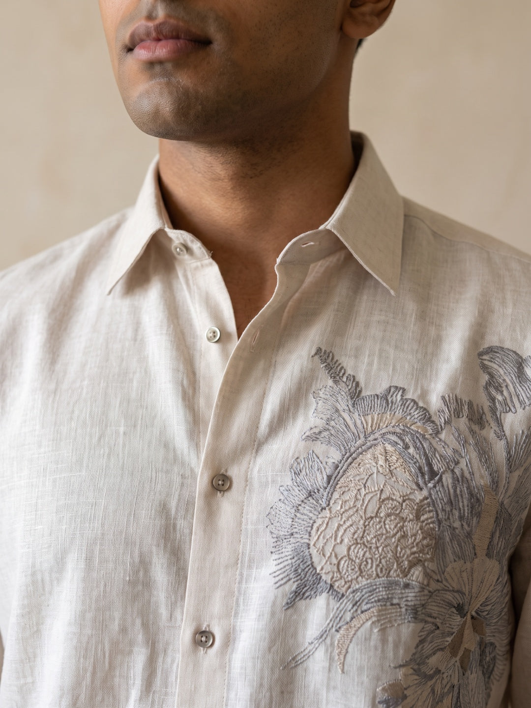 Beige Linen Regular Fit Shirt with Embroidery