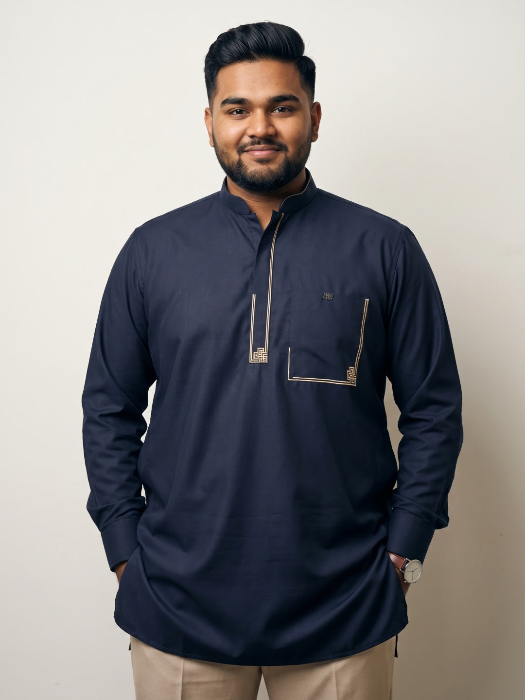 Navy Blend Terry Rayon Slim Fit Shirt with Embroidered Border