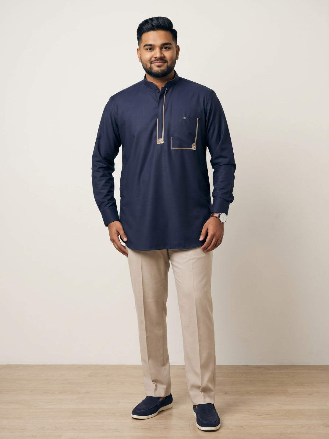 Navy Blend Terry Rayon Slim Fit Shirt with Embroidered Border