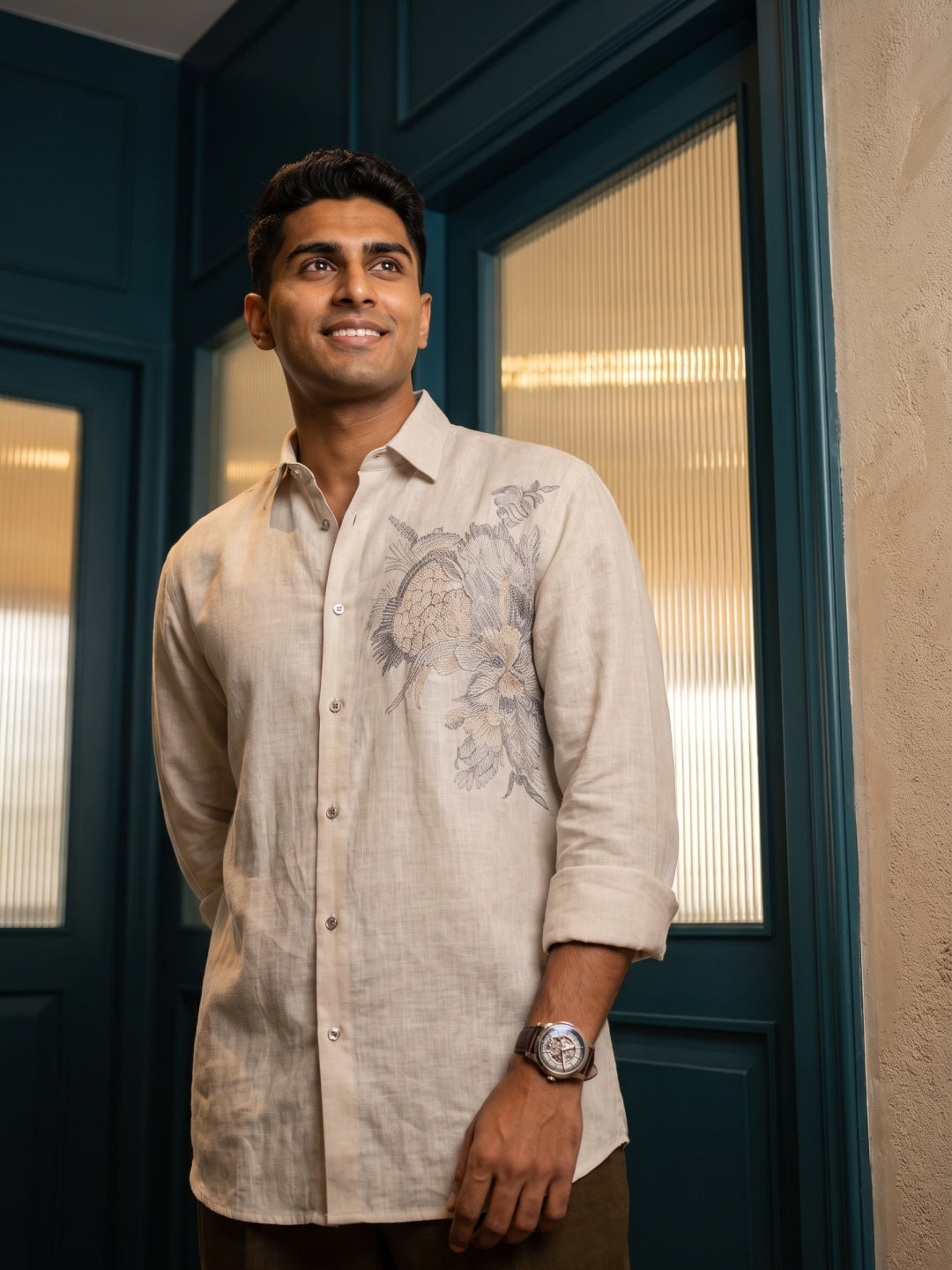Beige Linen Regular Fit Shirt with Embroidery